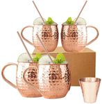 BOLD & DIVINE Moscow Mule Mugs - Set of 4-100% Pure Copper Mugs Large 16 oz - Food Safe - Premium Moscow Mule Cups Set of 4 | Bonus 4 Straws, 1 Shot Glass