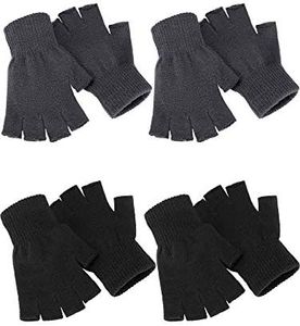 4 Pairs Winter Half Finger Gloves Knitted Fingerless Mittens Warm Stretchy Gloves for Men and Women, Black, Grey, Medium