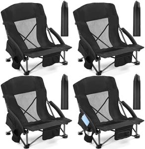 Menkxi 4 Pcs Low Beach Chairs for Adults with Cup Holder Magazine Bag, Carry Bag Folding Portable Camping Chairs with Mesh Back Low Seat for Traveling Outdoor Sand Lawn Picnic, Support 300lbs