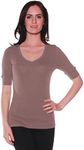Emmalise Women's Slim Athletic Fit Vneck Tshirt Half Sleeves Top (Mocha, 3XL)