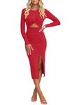 oten Women's Hollow Out Bodycon Midi Dress Crewneck Long Sleeve Twist Front High Slit Slim Fit Party Club Dresses Red Medium