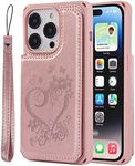 Cavor for iPhone 14 Pro Max Wallet Case PU Leather TPU Back Cover Flip Magnetic Clasp Heart Flower Butterfly Shockproof Cases Lanyard Card Slots Holder Kickstand-Heart Flower Rose