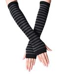 B-HOT Warmer Fingerless Gloves Stretchy Knit Thumb Hole Sun Protection Long Arm Stripe Glove Grey/Black