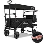 Sekey Kids Folding Handcart Wagon with Removable Canopy, Versatile Foldable Transport Trolley for Family Outings Including Shockproof PU Wheels, 220LBS(100KG) Weight Capacity, Push Handle, Black