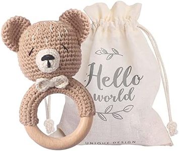 WOODEN TEETHER Baby Rattle, Shaker Toy,Crochet Baby Rattle, Crochet Baby Toys, Organic Wooden Newborn Toys, Newborn Animal Rattle Toys，Knitted Stuffed Animals Gifts for Baby, Kahki Bear