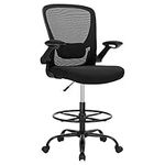 SONGMICS Drafting Chair with Flip-up Armrests, Mesh Office Chair, Ergonomic Painting Chair with Height Adjustable Lumbar Support and Footrest, for Standing Desk, Bar Counter, Black OBN026B02