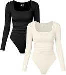 OQQ Womens 2 Piece Bodysuits Long Sleeve Square Neck Ruched Stretch Fitted Bodysuits Black Beige