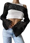 PICPUNMAK Women Grunge Crochet Knit See Through Crop Tops Cover Up Shrug Long Sleeve Crew Neck Casual Cropped Smock Top, Black, Small