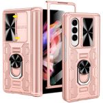 VEGO for Samsung Galaxy Z Fold 3 Case with Stand, Slide Camera Cover & Screen Protector & 360°Ring Magnetic Kickstand Military Grade Heavy Duty Protective Case for Galaxy Z Fold 3- Rose Gold