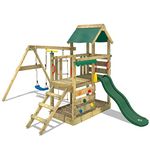 WICKEY Wooden climbing frame TurboFlyer with swing set & green slide, Outdoor kids playhouse with sandpit, climbing ladder & play-accessories for the garden