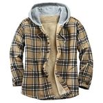 Derbars Men's Cotton Plaid Shirts Jacket Fleece Lined Flannel Shirts Sherpa Button Down Jackets with Hood for Men, Khaki, Large