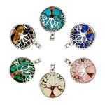 TOAOB 6pcs Tree of Life Charms Natural Gemstone Pendant for Jewellery Making Mixed Colors Metal Frame Hollow Round Charms for DIY Necklace Bracelet Earring Craft Supplies