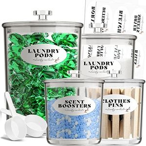 TIDIdea 4 Pack Laundry Container Jars - Premium Acrylic Jars for Laundry Room Organization and Storage Organizing Laundry Pods, Powder, Detergent, Soap,Beads, Laundry Accessories - with Labels&Scoops