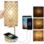 Crystal Bedside Lamp, Touch Table Lamp with Wireless Charger & Dual USB Charging Ports, 3 Way Dimmable USB Bedside Lamp for Living Room Bedroom Dresser Table Decoration Cafe Shop(6W Bulb Include)