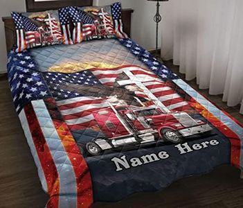 Custom Proud American Trucker Truck Driver Gift Eagle Truck Personalized Name Quilt Blanket & Pillowcases, Quilts Bedding Set & Pillow Cover, King Queen Double Twin Throw Full Size Bedspread Bed Sets