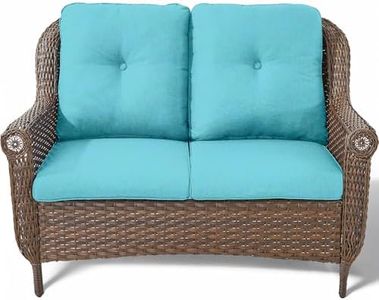 ACTREST Patio Loveseat Outdoor Wicker Sofa - Heavy Duty All-Weather Brown Rattan 2-Person Sofas with High Back and Comfortable Thick Cushions for Garden Back Porch Poolside Apartment - Turqoise