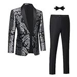 Mgnaie Tuxedo Suits for Men 2 Piece Regular Fit Suit Floral Blazer Jacket Waistcoat Pants Men Suit Set for Wedding Prom, Black & Silver-2pcs, Large