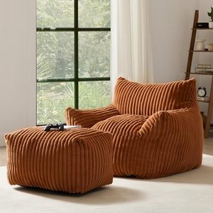 Oversized Bean Bag Chair with Ottoman for Adults, 2-Piece Comfy Floor Sofa Lounge Chair with Shredded Memory Foam Filler, Giant Beanbag Couch Set for Bedroom & Gaming,Orange