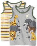 Baby Toddler Boys Graphic Tank Tops 2 Pack, Green Multi Stripe/Safari Animals, 4T