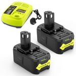 ASUNCELL 18V Battery and Charger for Ryobi One+, 2 Pack 5.0Ah Li-ion Replacement Battery with P117 Charger Set for Ryobi Compatible with Ryobi One Plus Cordless Tools Grass Trimmer Chain Saw Lawnmower