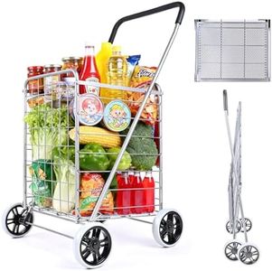 Folding Shopping Cart, Collapsible Grocery Rolling Utility Cart on Wheels, Metal Trolley with Mesh Bottom, Compact Lightweight Wagon for Groceries, Camping, Luggage, Laundry