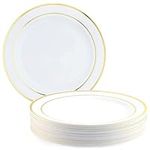 MATANA 50 Premium White Plastic Dinner Plates with Gold Rim, 26cm / 10 Inch - Elegant & Reusable Party Plates for Weddings, Birthdays, Picnic, BBQ, Parties