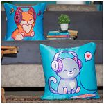 Vendola Satin 250TC Sofa Cushion Pillow Covers, Multicolor, Set of 2 Cushion Covers (16X16 Inches, Cat with Headphones)