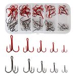 50pcs/Box Treble Hooks Set Fishing Hooks 3 Claw Fishing Hooks Super Sharp Solid Triple Barbed Fish Hook,5 Sizes Hooks with Barb,Black and Red Mix