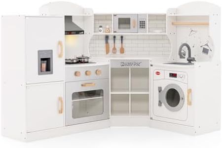 HONEY JOY Corner Kids Kitchen Playset, Ultimate Wooden Play Kitchen for Toddlers, Washing Machine, Ice Maker, Sink, Microwave, Little Chef Pretend Play Toy Kitchen Set, Gift for Boys Girls, White