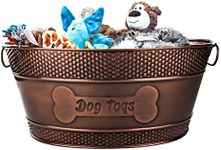 Indestructible Metal Dog Toy Bin - Copper Galvanized Storage Bin with Handles, Dog Toy Box for Dog Chew Toys, Blankets, & Leashes, Dog Bone Design Pet Toy Box (15-Quart)