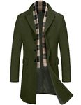 COOFANDY Mens Peacoat Wool Trench Coat Slim Fit Pea Coat Single Breasted Business Overcoat With Plaid Scarf (Army Green S)