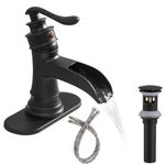 Bathlavish Bathroom Faucet Black Matte Waterfall Matte Antique with Pop Up Drain Assembly Lavatory Single Handle Farmhouse Basin Vanity Mixer Tap One Hole with Overflow Supply Line Lead-Free