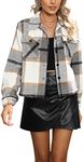 Yeokou Women's Fashion Cropped Flannel Wool Blend Plaid Shacket Long Sleeve Button Down Jackets Coat(LightGrey-S)