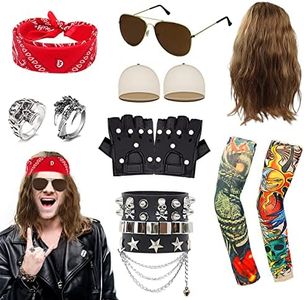 13 PCS Deguisements Rock Accessoires, Punk Gothique Rocker Kit avec Perruque Cap de Perruque Tatouage Manches Lunettes Bandana Gants Bracelet Bague pour Hommes Adulte Fête des Années 70 80 90