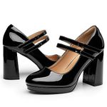 Trary Platform Mary Jane Shoes Womens Heels, Chunky Heels Mary Janes Dress Shoes for Women Close Round Toe Pumps Shoes with Buckle Strap for Office Party Casual Wedding, Patentblack, 8