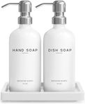 White Glass Kitchen Soap Dispenser Set by Brighter Barns - Hand and Dish Soap Dispenser Set with Tray & Pump for Office, Hotel, Vacation Rental, Airbnb - Modern Kitchen Decor & Accessories (White)