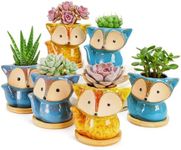 Dicunoy 6 Pack Mini Animal Succulent Planters with Bamboo Tray, 4" Ceramic Fox Flower Pots with Drainage Hole, Cute Cactus Planter for Indoor Plants, Home, Office, Window Decoration