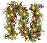 Ninonly Christmas Garland with 20 LED Lights, 2 Pack 6.6 FT Christmas Garland Decoration with Pine Cones, Red Berries, Bells Battery Operated Fairy Light for Door Mantel Stairs Fireplace Indoor