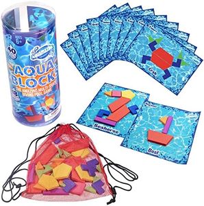 SCS Direct Aqua Blocks Pool Diving Game- 40 Multi-Shape Sinking Toys, 18 Challenge Cards in 3 Difficulty Levels, Bag - Fun Summer Kid's Family Swim Party Game and Water Play