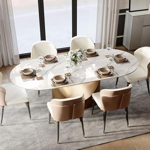 POVISON Modern Dining Table,79" Oval Sintered Stone Table with Bronze Carbon Steel Base for Dining Room,Kitchen,Home Office,Scratch and Heat Resistant,Glossy White(Table Only)