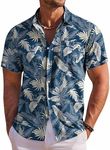 COOFANDY Mens Short Sleeve Hawaiian Shirts Casual Shirts Stylish Tropical Cruise Shirt, Blue & White - Leaf, XX-Large