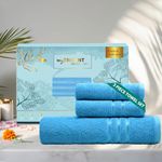 Trident Towels for Bath, 3 Pcs Towel Set (1 Bath Towel, 2 Hand Towels), 400 GSM, 100% Cotton Towel, Moments Collection Home Gym Spa Hotel Fingertip Towels Moments Gifting Collection - Ocean Blue