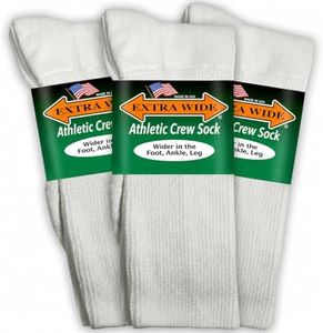 Extra Wide Athletic Crew Length Socks - Exceptional Stretch and Comfort Fit, Wide Foot, Ankle & Calf - 3 Pack, Fits Up to 6E Width, Non-binding - Made in USA - White, Large