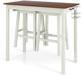 Giantex 3-Piece Bar Table Set - Counter Height Pub Table w/ 2 Stools, 2 Wine Holders, Rubber Wooden Legs, Space-Saving Dinette Table Set for Bar, Kitchen, Living Room, Cream White & Walnut
