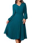 GRACE KARIN Ladies Elegant Chiffon Pleated Dress with Sleeves V-Neck Smocked Cerulean Dresses for Cocktail Party M