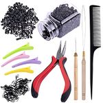 Duufin Hair Extensions Tools Kit 500 Pcs Black Micro Ring Beads 1 Pc Micro Beads Plier 2 Pcs Loop Needle Threader Pulling Hook 4 Pcs Plastic Alligator Clips 1 Pc Comb and 2 Bags Mini Rubber Bands