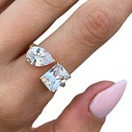 Phoenixjewel Double Stone Engagement Ring 2 Stone Toi Et Moi Ring Wedding Ring Radiant Cut Diamond Open Ring Pear Two Stone Mothers Ring For Her 14K Gold Finish Trendy Silver Birthday Gift Ring