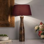 Homesake Wood Antique Solid, Timber Turned Table Incandescent Lamp With Empire Red Shade.