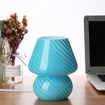 Mushroom Lamp,Glass Arctic Blue Mushroom Bedside Table Lamps Vintage Translucent Murano Style Striped Small Nightstand Desklamp Swirl Light for Home Decor, Dining, Living, Bedroom, Gift (Stripe Blue)