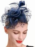 Fascinators Hat Women Tea Party Headband Flower Cocktail Mesh Feathers Hair Clip Kentucky Derby Hat Wedding Navy Blue